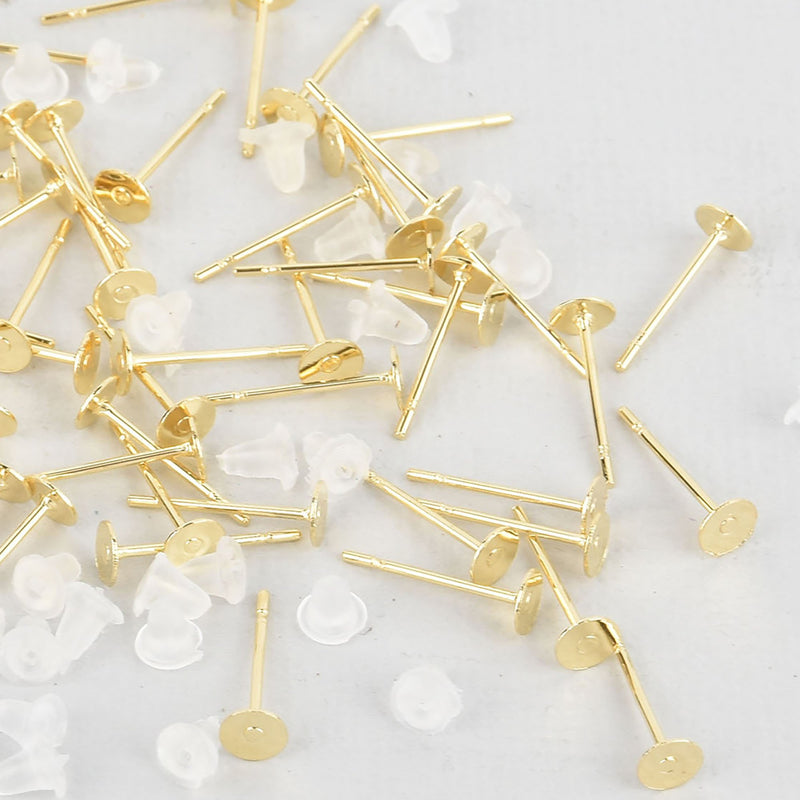 50 Gold Stainless Steel POST Glue-On Pad Earring Blanks 4mm pad, fin0865