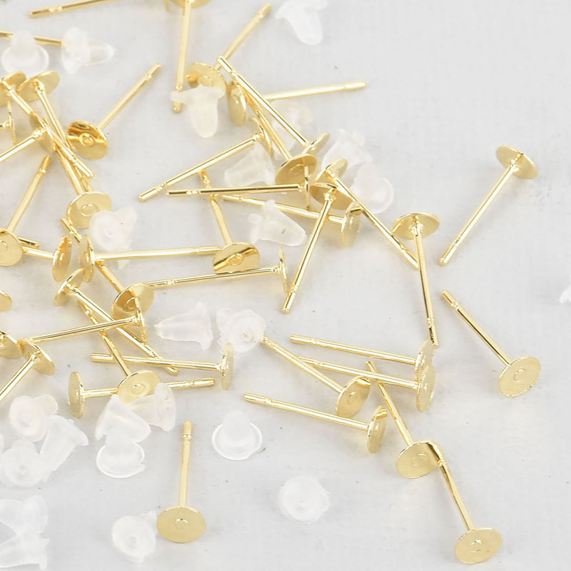 30 Gold Stainless Steel POST Glue-On Pad Earring Blanks (15 pairs), 6mm pad, fin0864