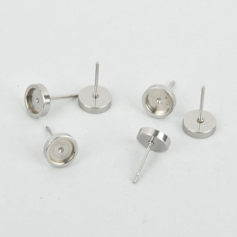 10 silver stainless steel 6mm cabochon bezel setting earring post components, fin0873