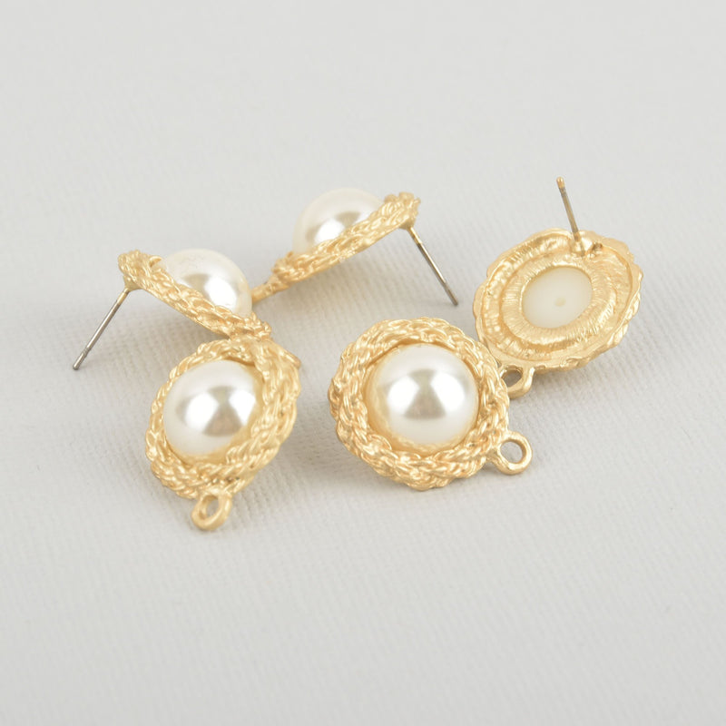 6 (3 pairs) matte gold plated post earring blanks, faux pearl, rope design, includes backers, fin0891