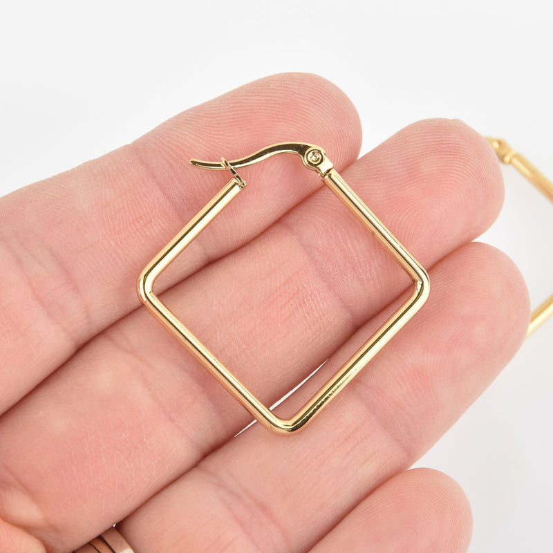 2 GOLD Huggie Earring Blanks Stainless Steel Square Diamond Hoops fin0949