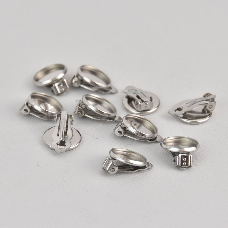 10 Silver Clip-On Earring Blanks, bezel tray fits 12mm round cabochons, stainless steel, fin0974