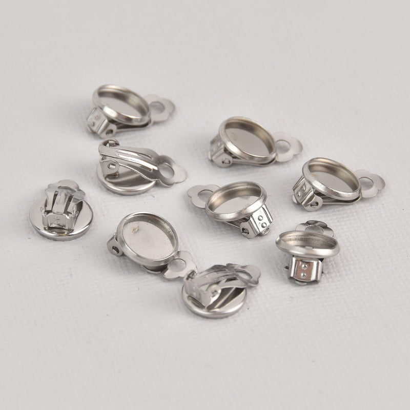 10 Silver Clip-On Earring Blanks, bezel tray fits 10mm round cabochons, stainless steel, fin0975