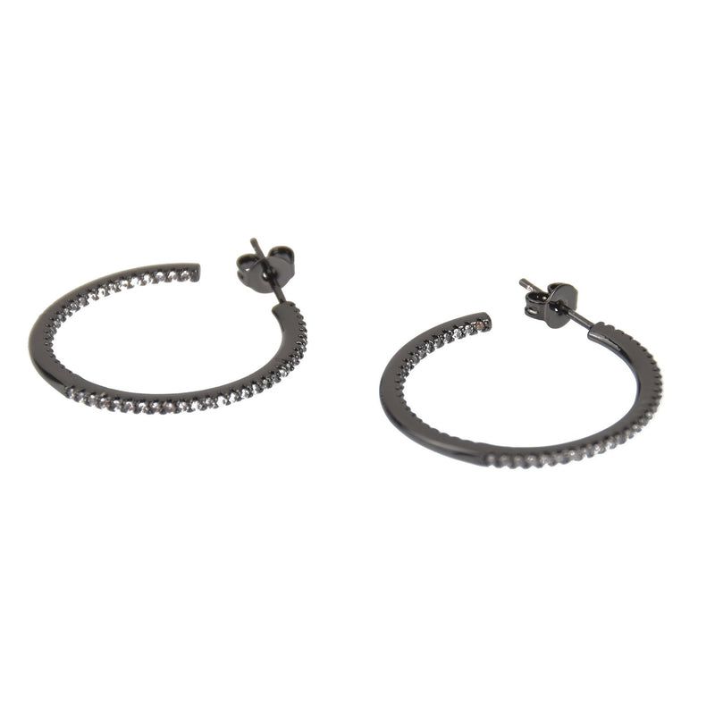 2 Black Micro Pave Hoop Earrings, Post Back, fin0977