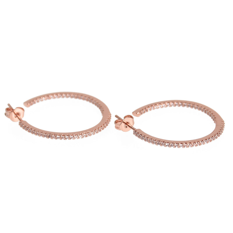 2 Rose Gold Micro Pave Hoop Earrings, Post Back, fin0979