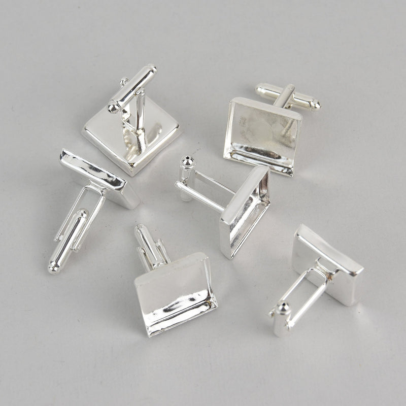 6 Square Cuff Link blanks, silver plated bezel tray fits 18mm fin0984