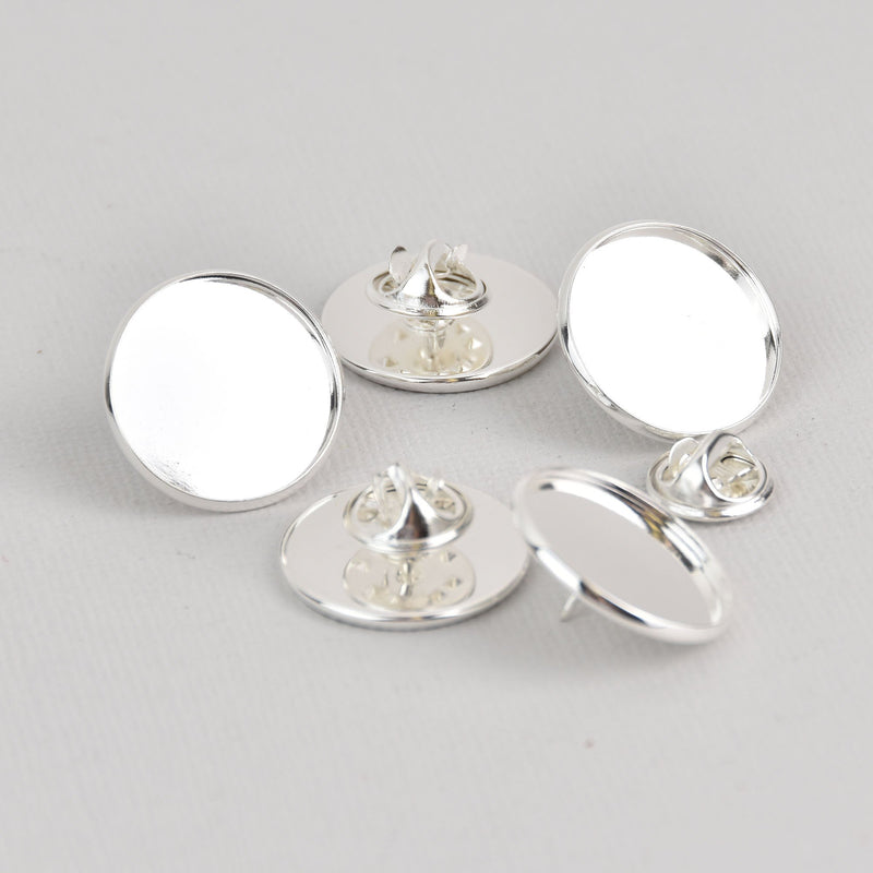 10 Silver Plated TIE TACK Pins, 20mm brooch pins, round cabochons, bezel tray, clutch back pins, fin0995