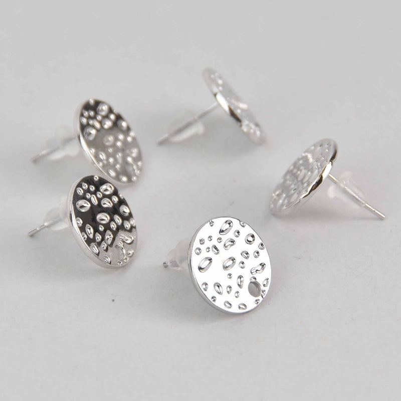 1 pair Silver Earring Post Blanks, ear studs with hang hole, hammered metal round dot fin0997
