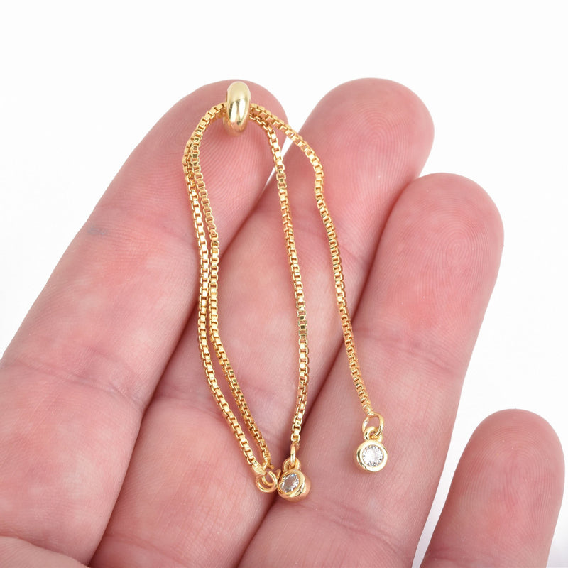 2 Gold Box Chain Slider Bracelet Chains, Crystals on the Ends, one size fits most, fin1010