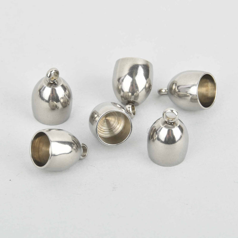 10 Silver Tassel Bead Caps, Leather Cord Ends with Bail Fits up to 6mm cord, stainless steel, fin1012