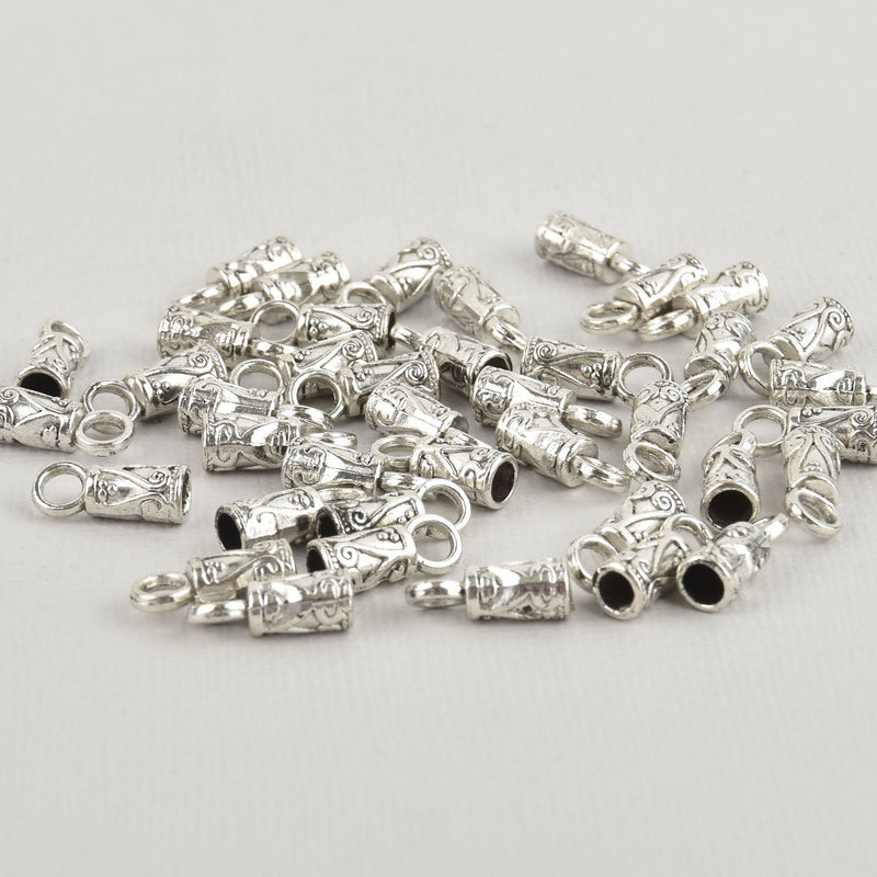 20 Silver Tassel Bead Caps, Leather Cord Ends with Bail Fits up to 3.5mm cord, fin1013