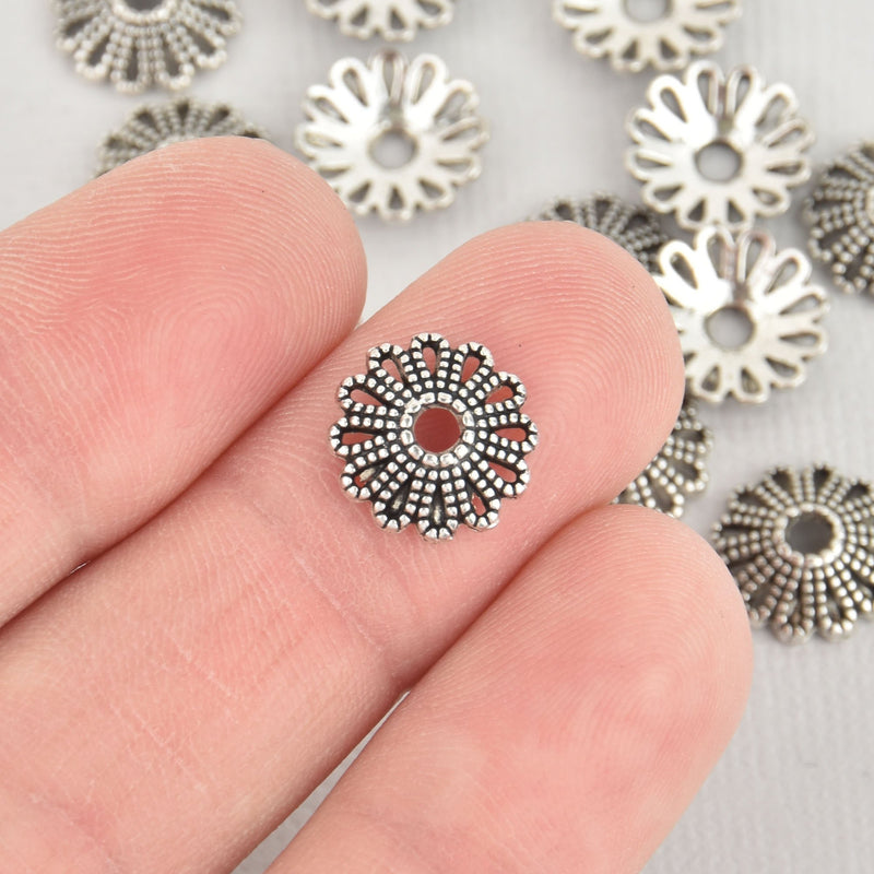 Filigree Flower Bead Caps, Silver, fits 14mm to 16mm, fin1015