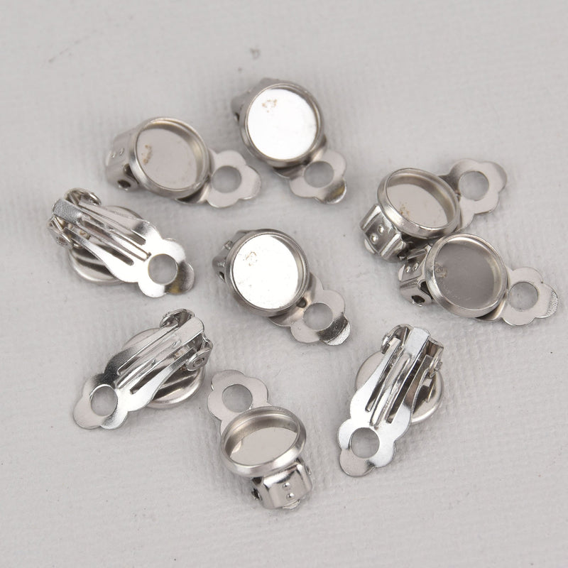 10 Silver Clip-On Earring Blanks, bezel tray fits 8mm round cabochons, stainless steel, fin1017