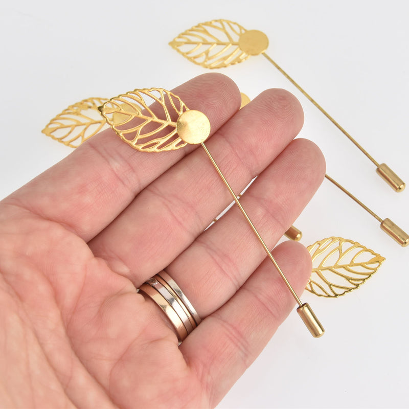 20 Gold Leaf Stick Pins, 10mm brooch pins, fits round pad, fin1071