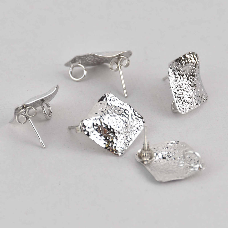 1 pair Silver Earring Post Blanks, ear studs with loop, hammered metal square fin1072