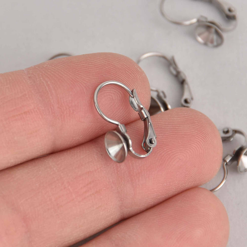 10 stainless steel lever back earring blanks, fits 6mm round Rivoli point back rhinestone chatons, bezel tray, fin1075