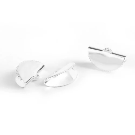 4 Half Round Cord Ribbon Ends, Silver Plated, fin1134