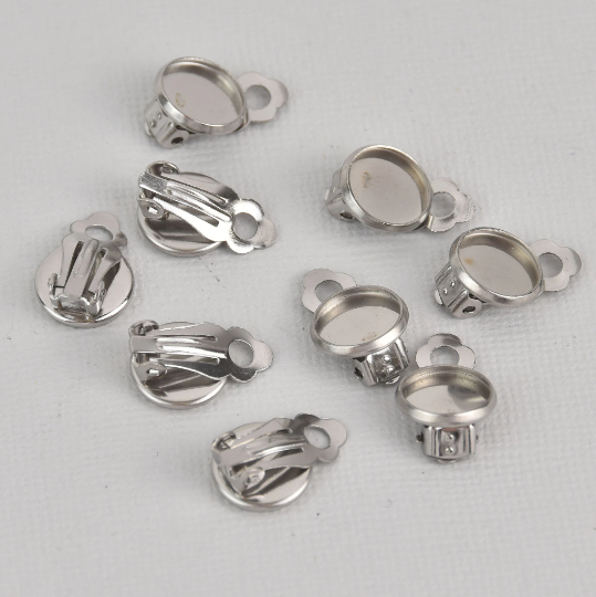 10 Clip-On Earring Blanks, bezel tray fits 8mm round cabochons, stainless steel, fin1139