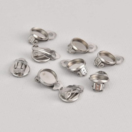 10 Clip-On Earring Blanks, bezel tray fits 8mm round cabochons, stainless steel, fin1139