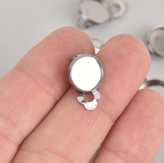 10 Clip-On Earring Blanks, bezel tray fits 8mm round cabochons, stainless steel, fin1139