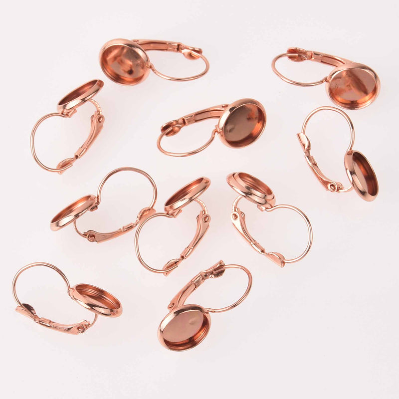 10 (5 pairs) rose gold plated cabochon bezel setting lever back earring, fits 10mm round inside tray fin1154