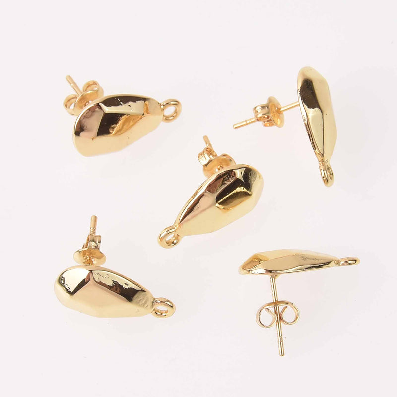 2 Gold Earring Post Blanks, ear studs with loop, teardrop nugget pattern, fin1156