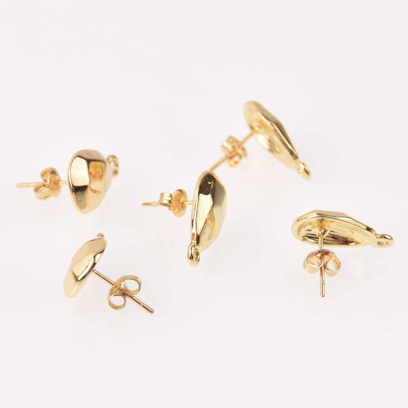 2 Gold Earring Post Blanks, ear studs with loop, teardrop nugget pattern, fin1156