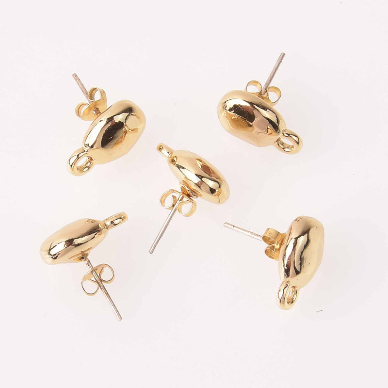 2 Gold Earring Post Blanks, ear studs with loop, nugget pattern, fin1161