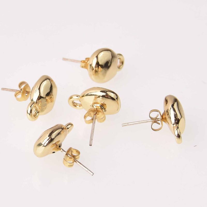 2 Gold Earring Post Blanks, ear studs with loop, nugget pattern, fin1161