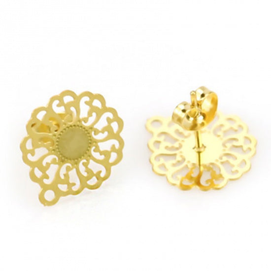 4 Gold Earring Post Blanks, stainless steel with hang hole, filigree flower, fin1169