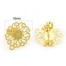 4 Gold Earring Post Blanks, stainless steel with hang hole, filigree flower, fin1169