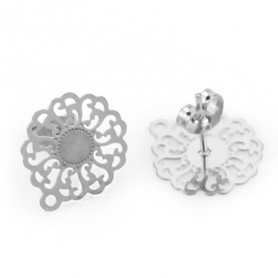 4 Silver Earring Post Blanks, stainless steel with hang hole, filigree flower, fin1170