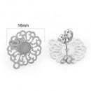 4 Silver Earring Post Blanks, stainless steel with hang hole, filigree flower, fin1170