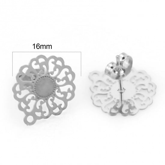 4 Silver Earring Post Blanks, stainless steel with hang hole, filigree flower, fin1170