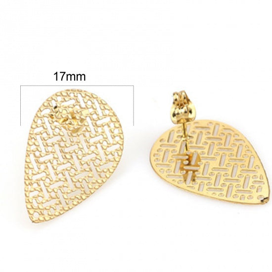 2 Gold Earring Post Blanks, stainless steel with hang hole, filigree leaf, fin1171