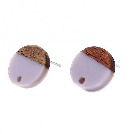 6 Resin and Wood Earring Post Blanks, Purple, 14mm dia, fin1178