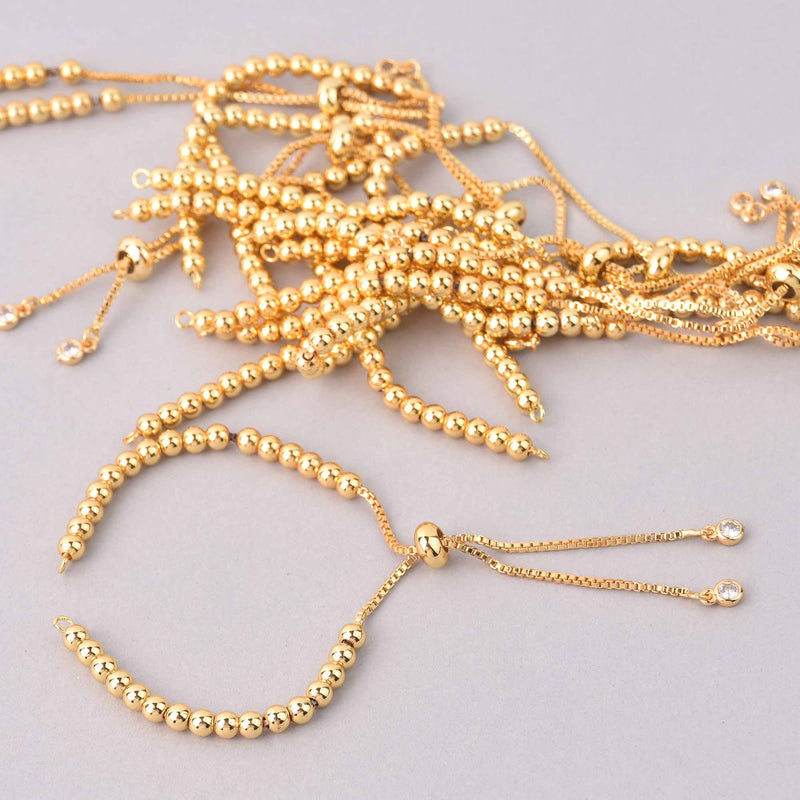 2 Gold Box Chain Slider Bracelet Chains, Crystals on the ends, one size fits most, fin1181