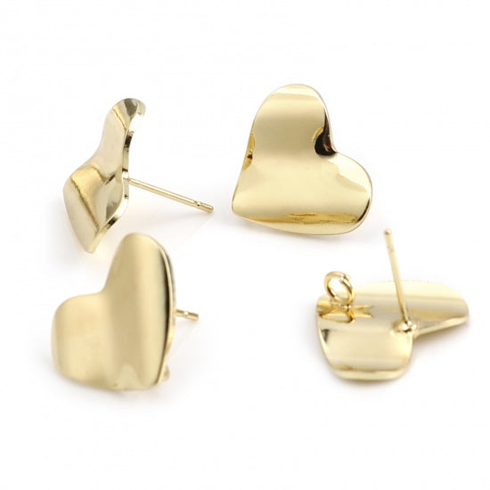 4 Gold Earring Post Blanks, ear studs with loop, wavy heart, fin1203