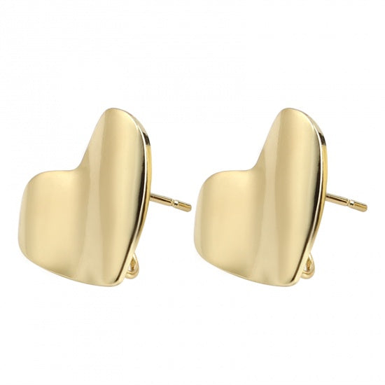 4 Gold Earring Post Blanks, ear studs with loop, wavy heart, fin1203