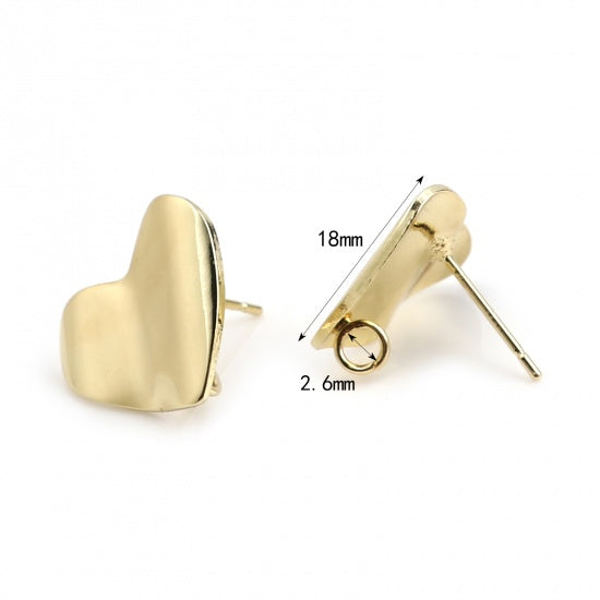4 Gold Earring Post Blanks, ear studs with loop, wavy heart, fin1203