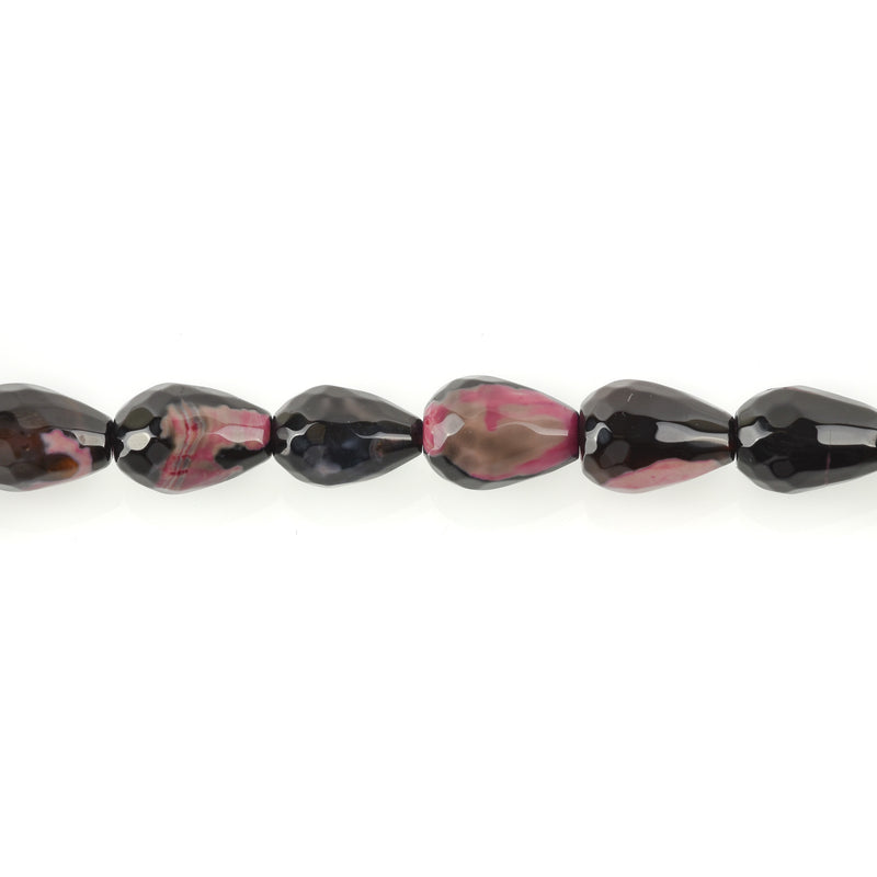 12x8mm Teardrop AGATE Gemstone Beads, black and hot pink, full strand, 33 faceted beads, gag0164