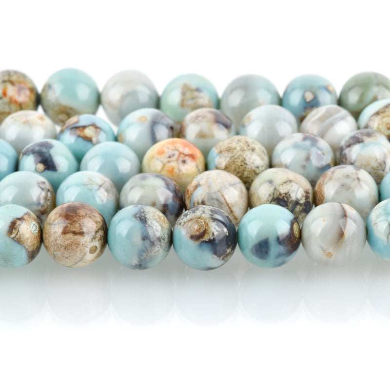 10mm Agate Beads, Round ROBIN'S EGG BLUE Green Gemstone Beads, Smooth Round Beads, blue green, tan, full strand, 37 beads, gag0354
