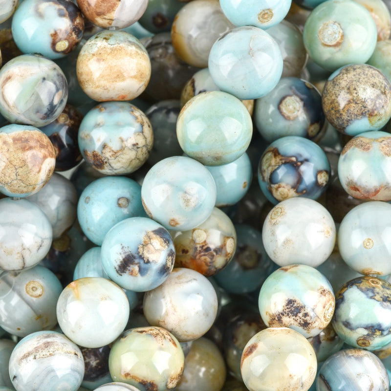 10mm Agate Beads, Round ROBIN'S EGG BLUE Green Gemstone Beads, Smooth Round Beads, blue green, tan, full strand, 37 beads, gag0354