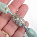 25mm Agate Beads, Oval Barrel ROBIN EGG BLUE Green Gemstone Beads, Smooth Beads, blue green, tan, full strand, 12 beads, gag0367