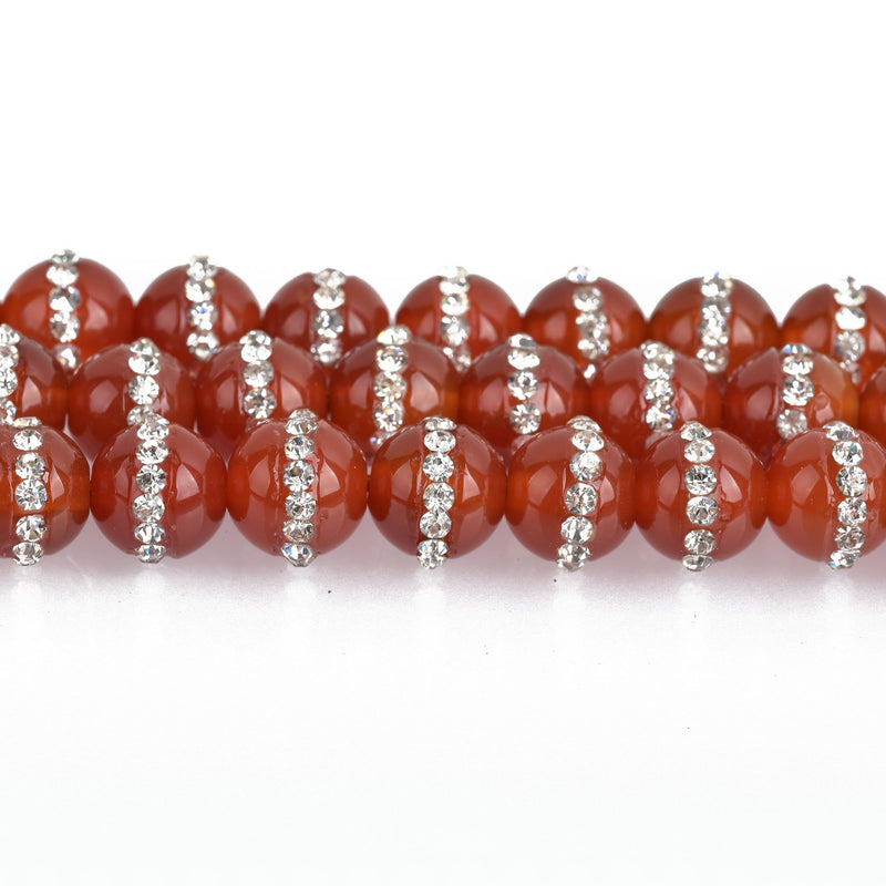 8mm RED CARNELIAN Agate Beads with Rhinestone Accents x5 beads gcr0006