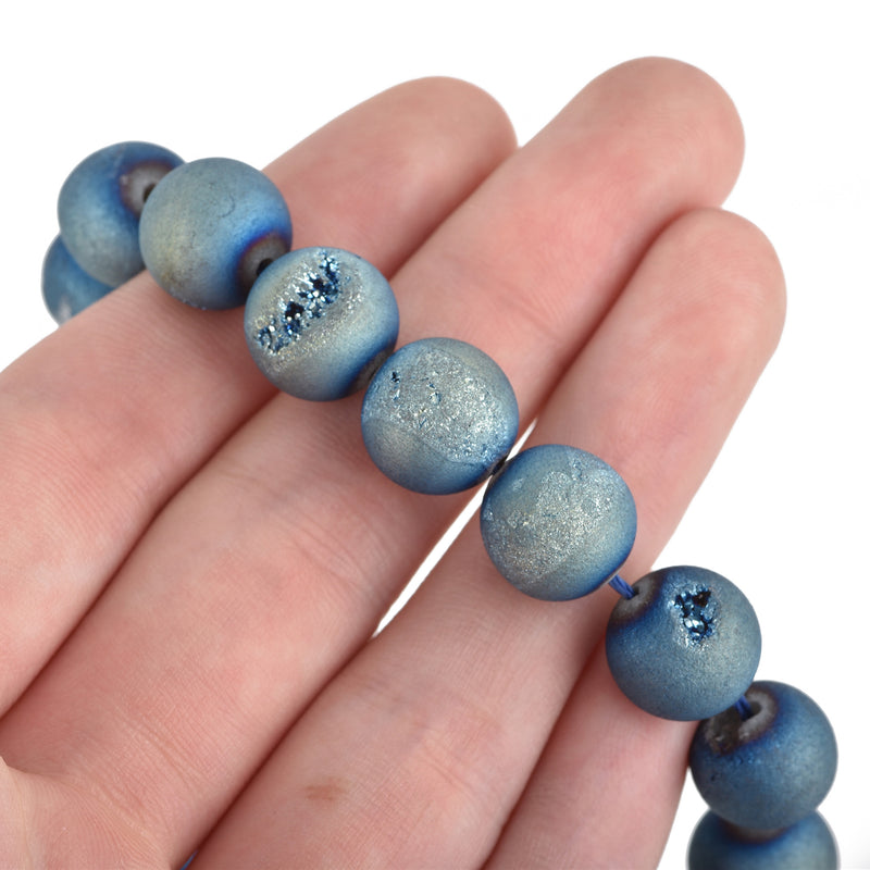 12mm Round Titanium Druzy Beads, Blue Gold Quartz Beads, full strand, 32 beads, gdz0030