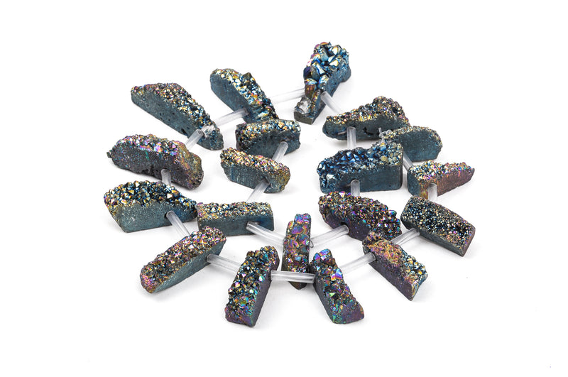 Mystic Rainbow Quartz DRUZY Drusy Pendant Beads, spike stick shape, top drilled, 1" to 1-1/2" long, half strand, 9 beads, gdz0068a
