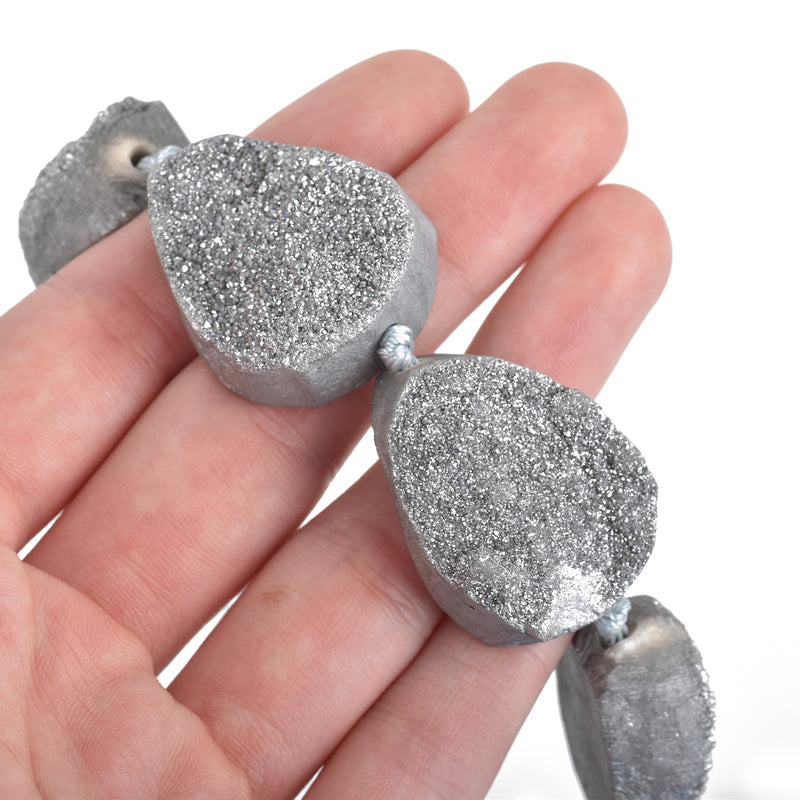 5 Large DRUZY Natural GEMSTONE Quartz Geode Cabochon Beads, Round, about 1.5" x 1"  Silver Grey Crystal flatback with hole, gdz0081