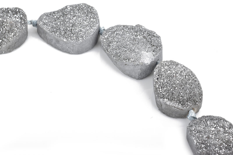 5 Large DRUZY Natural GEMSTONE Quartz Geode Cabochon Beads, Round, about 1.5" x 1"  Silver Grey Crystal flatback with hole, gdz0081