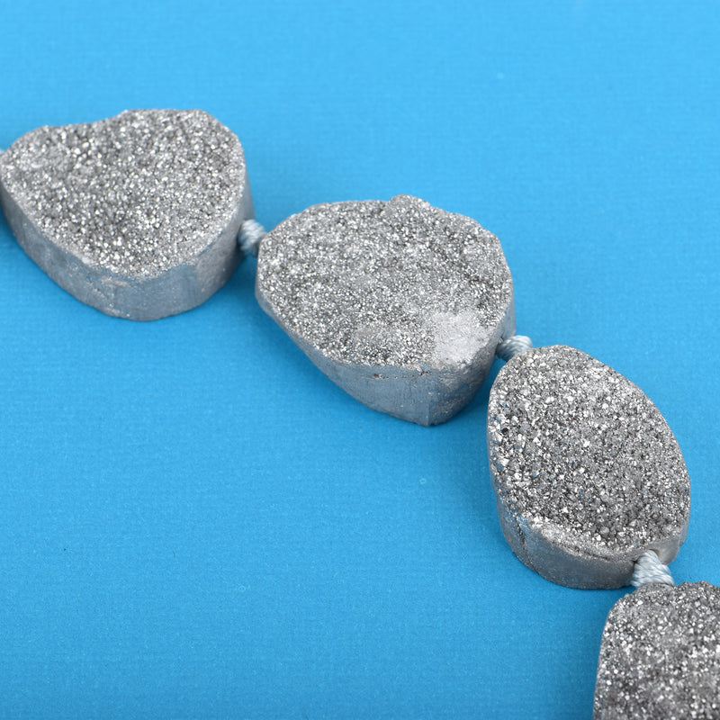 5 Large DRUZY Natural GEMSTONE Quartz Geode Cabochon Beads, Round, about 1.5" x 1"  Silver Grey Crystal flatback with hole, gdz0081